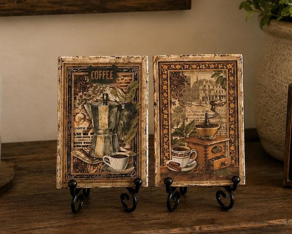 Rustic Kitchen Decor, Vintage Coffee Wood Blocks 4X6 Inch Pair by Mikela Lindel Home