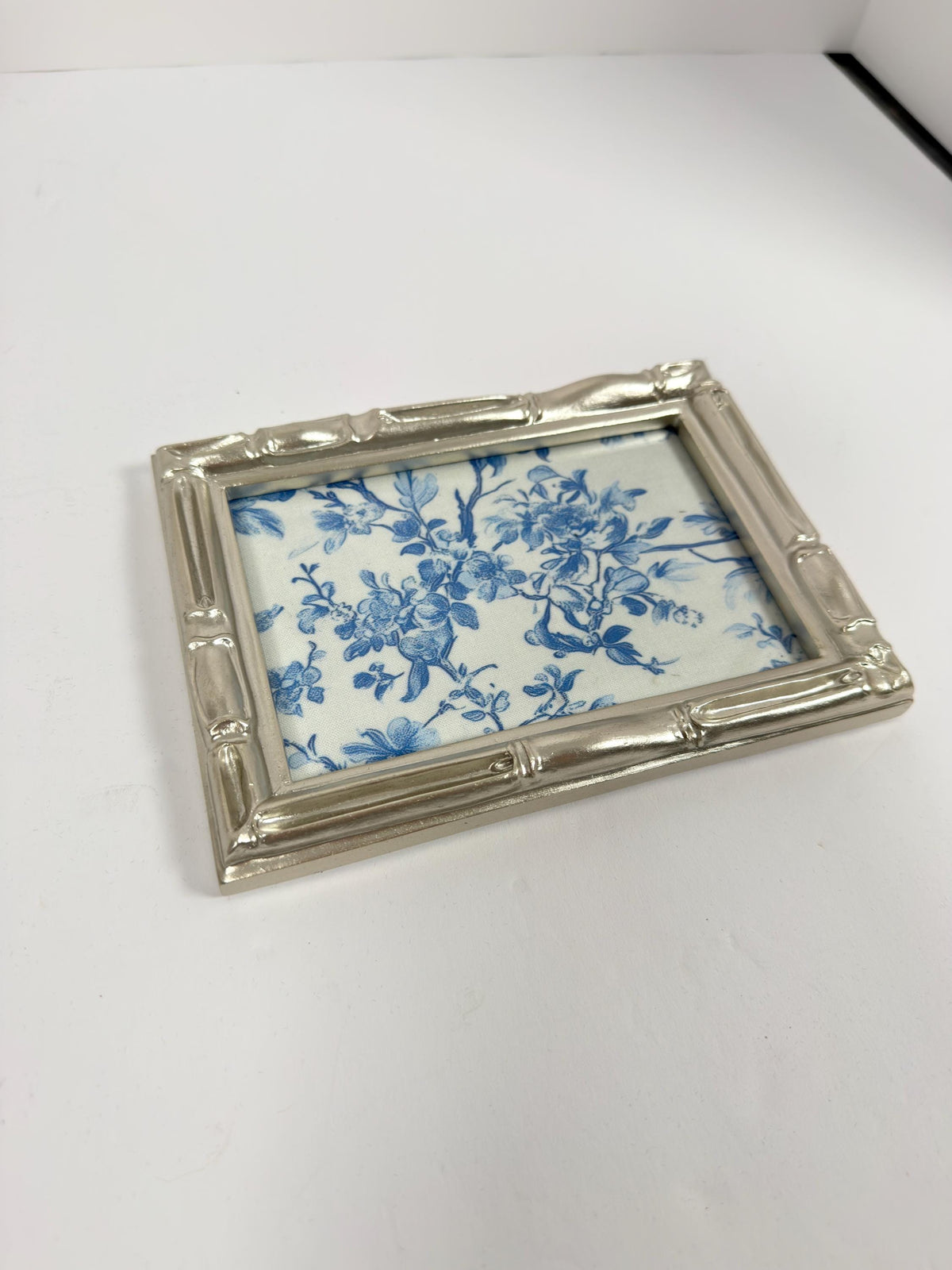 Blue Floral Vanity Tray, Silver Bamboo Frame, Jewelry Tray, 5 X 7 In