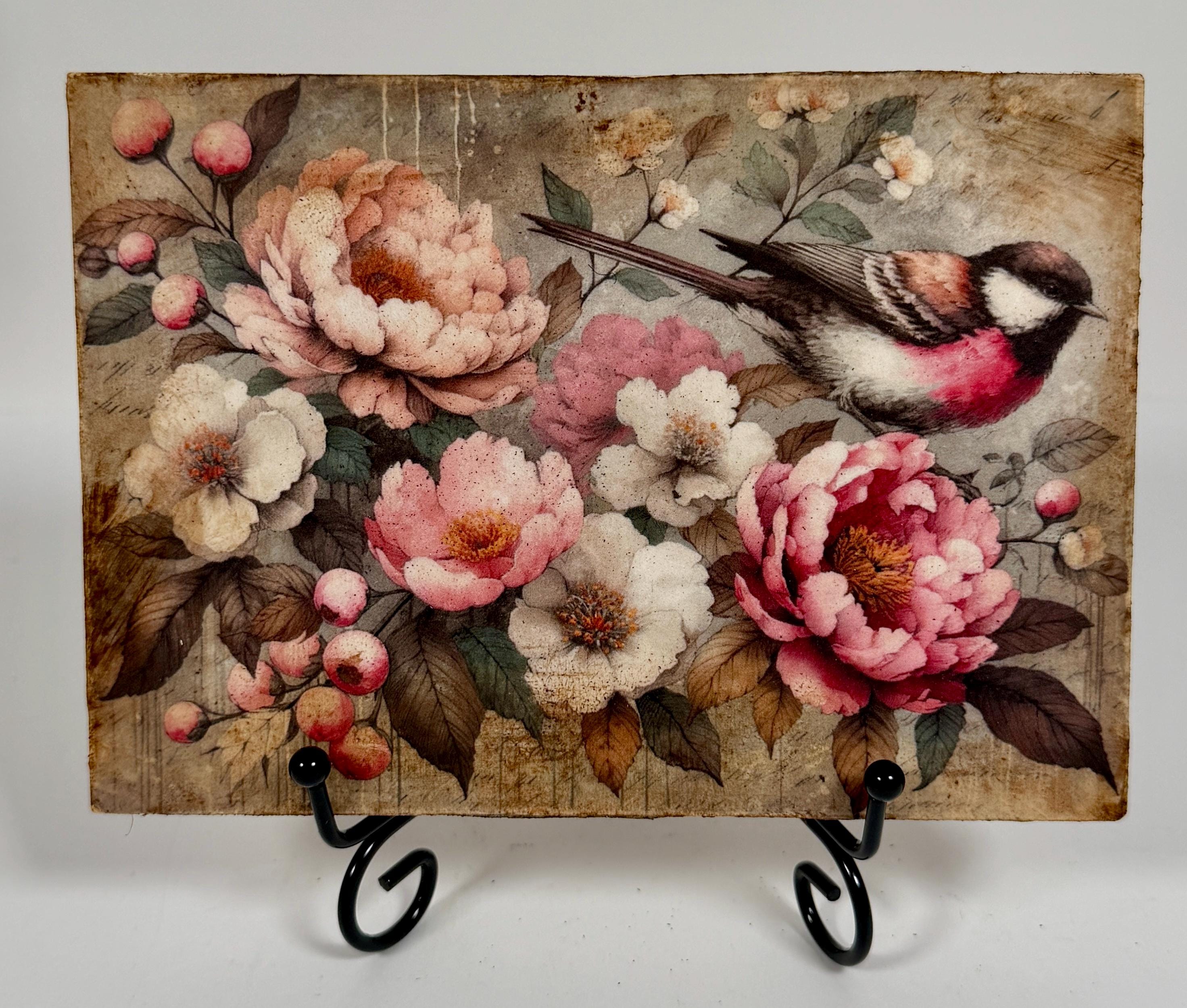 Vintage Bird and Peonies: 7"x5"