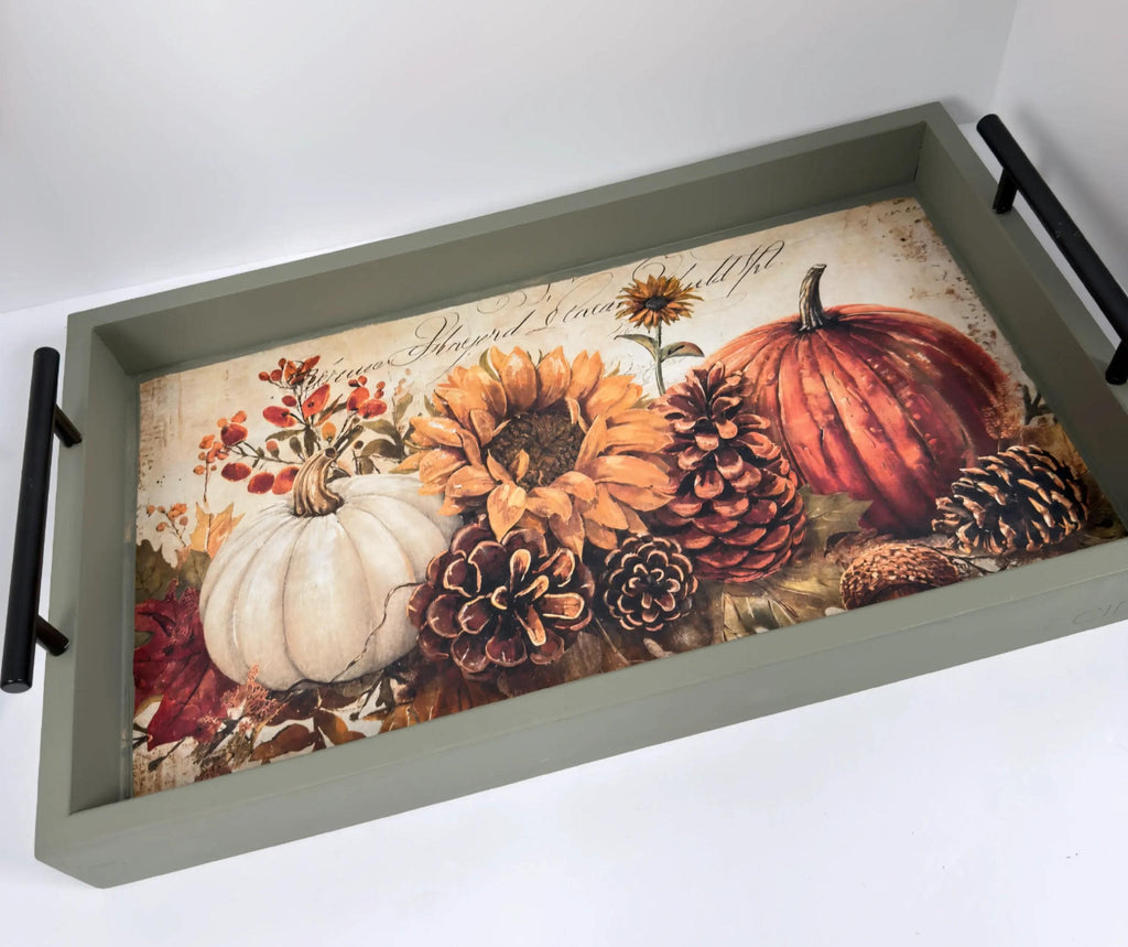 Fall Decorative Wood Tray, Pumpkin Sunflower Decoupage, Thicket Green by Mikela Lindel Home
