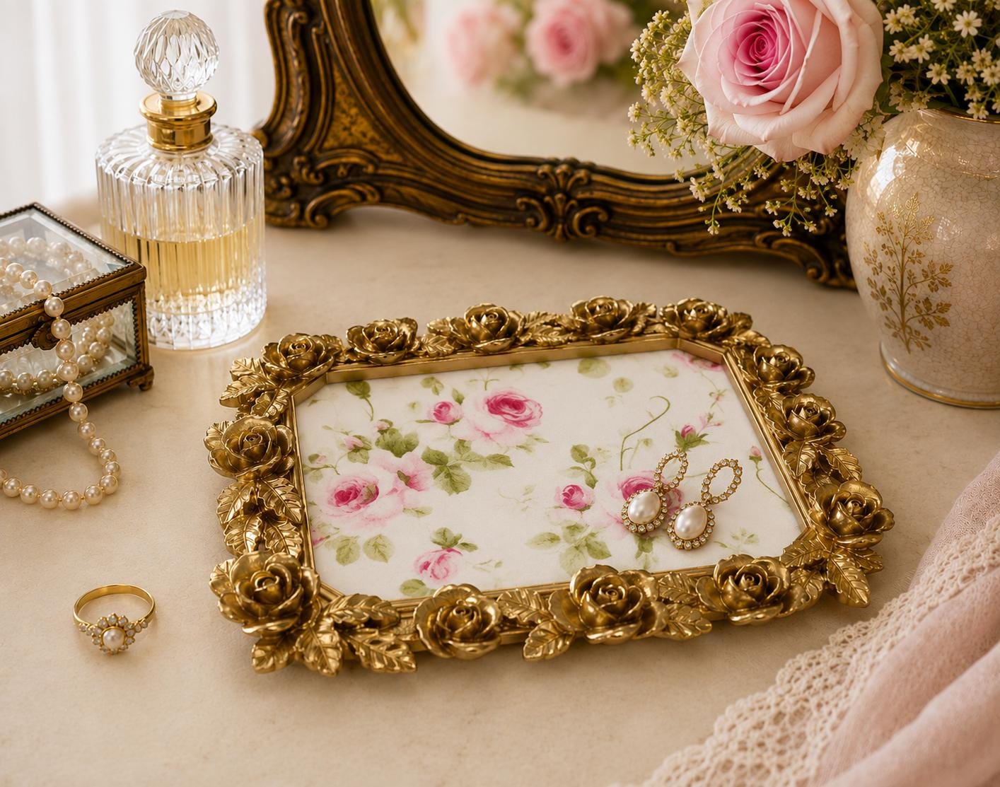 Gold Roses Jewelry Tray: 9”x7"