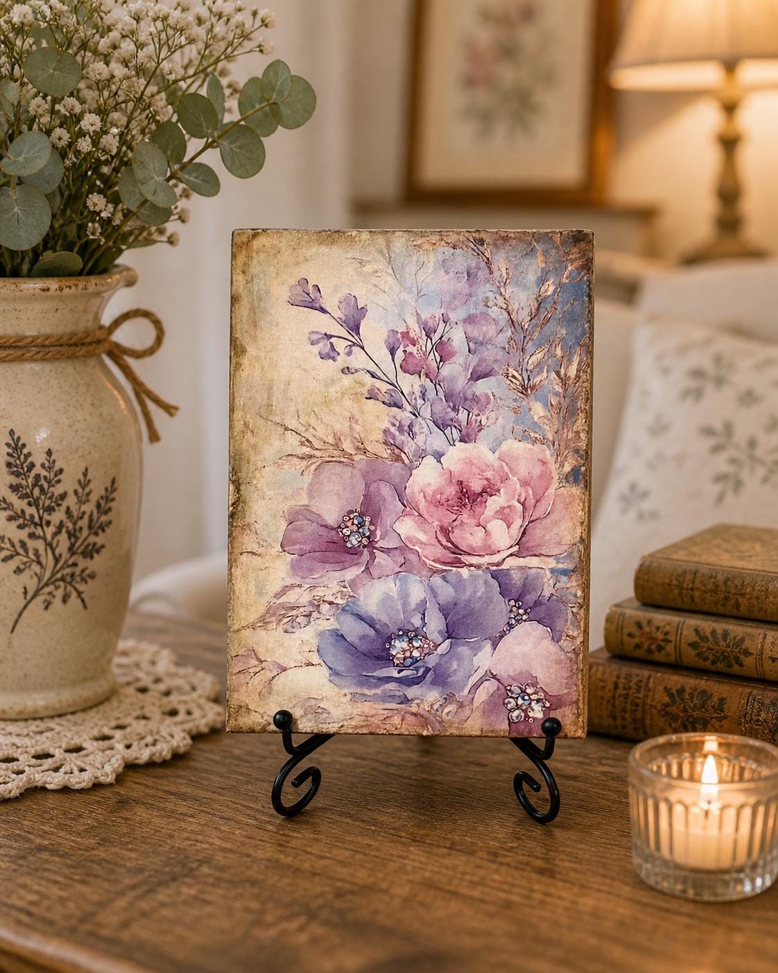 Floral Wood Sign, Lavender Decoupage Wood Block 5x7 Cottage Decor by Mikela Lindel Home