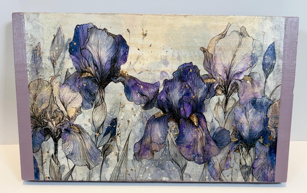 Wooden Floral Riser, Purple Iris Decor, 12 X 7, Lavender Art Feet by Mikela Lindel Home