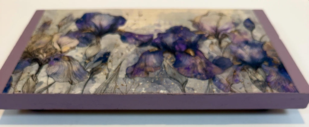 Wooden Floral Riser, Purple Iris Decor, 12 X 7, Lavender Art Feet by Mikela Lindel Home