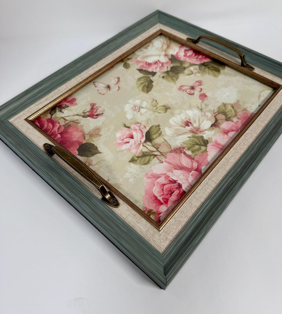 Floral Vanity Tray, Green Decor, Brass Handles, 12.5 X 10.5 In by Mikela Lindel Home