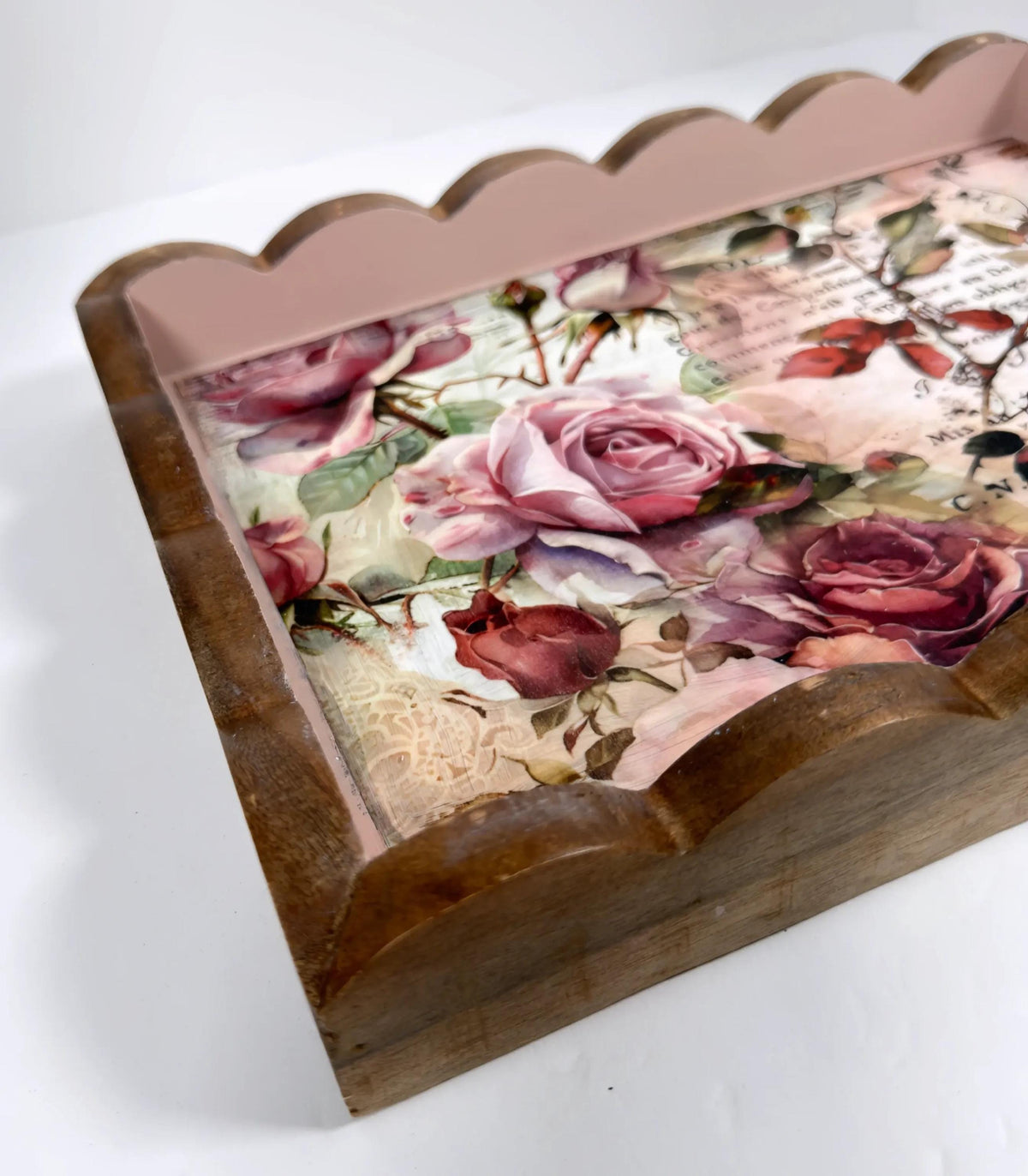 Decorative Floral Tray, Dusty Rose Wood, Wavy Edge 14.25x10.25