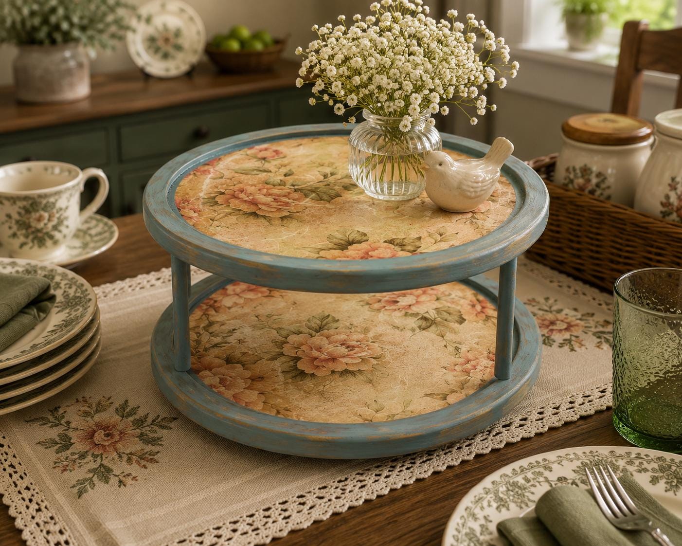 Two-Tier Distressed Floral  Lazy Susan: 10 3/8"; 7.25” Tall