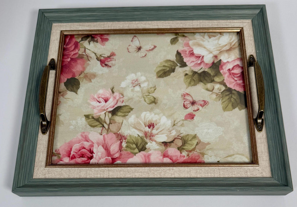 Floral Vanity Tray, Green Decor, Brass Handles, 12.5 X 10.5 In by Mikela Lindel Home