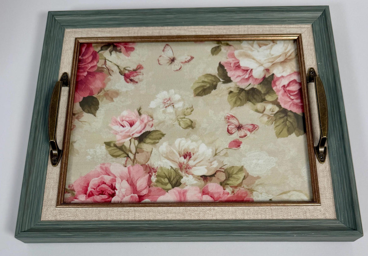 Floral Vanity Tray, Green Decor, Brass Handles, 12.5 X 10.5 In by Mikela Lindel Home