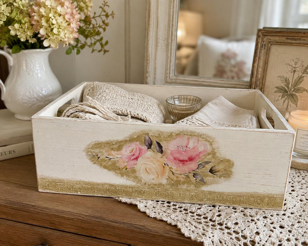 Shabby Chic Wood Crate, Whitewashed Rose Box 14"x9.75x4.75 by Mikela Lindel Home