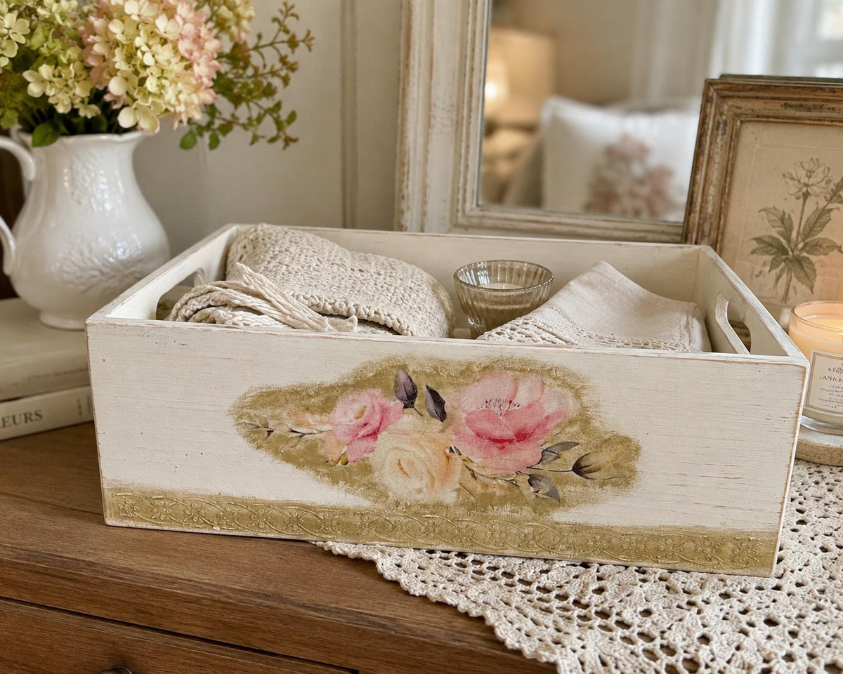 Shabby Chic Wood Crate, Whitewashed Rose Box 14"x9.75x4.75 by Mikela Lindel Home