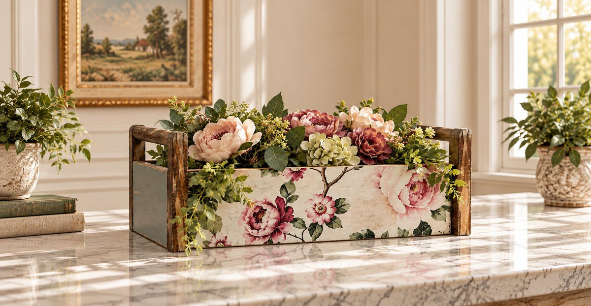 Floral Wood Planter Box, Pink Peony Rustic Farmhouse Centerpiece