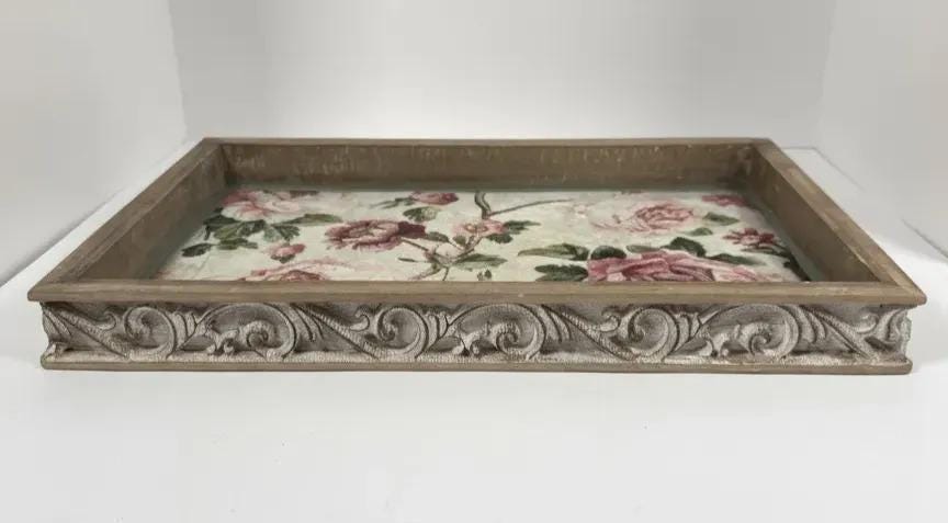 Shabby Chic Serving Tray | Pink Rose Decoupage Wood Tray 16.5x10.75 by Mikela Lindel Home