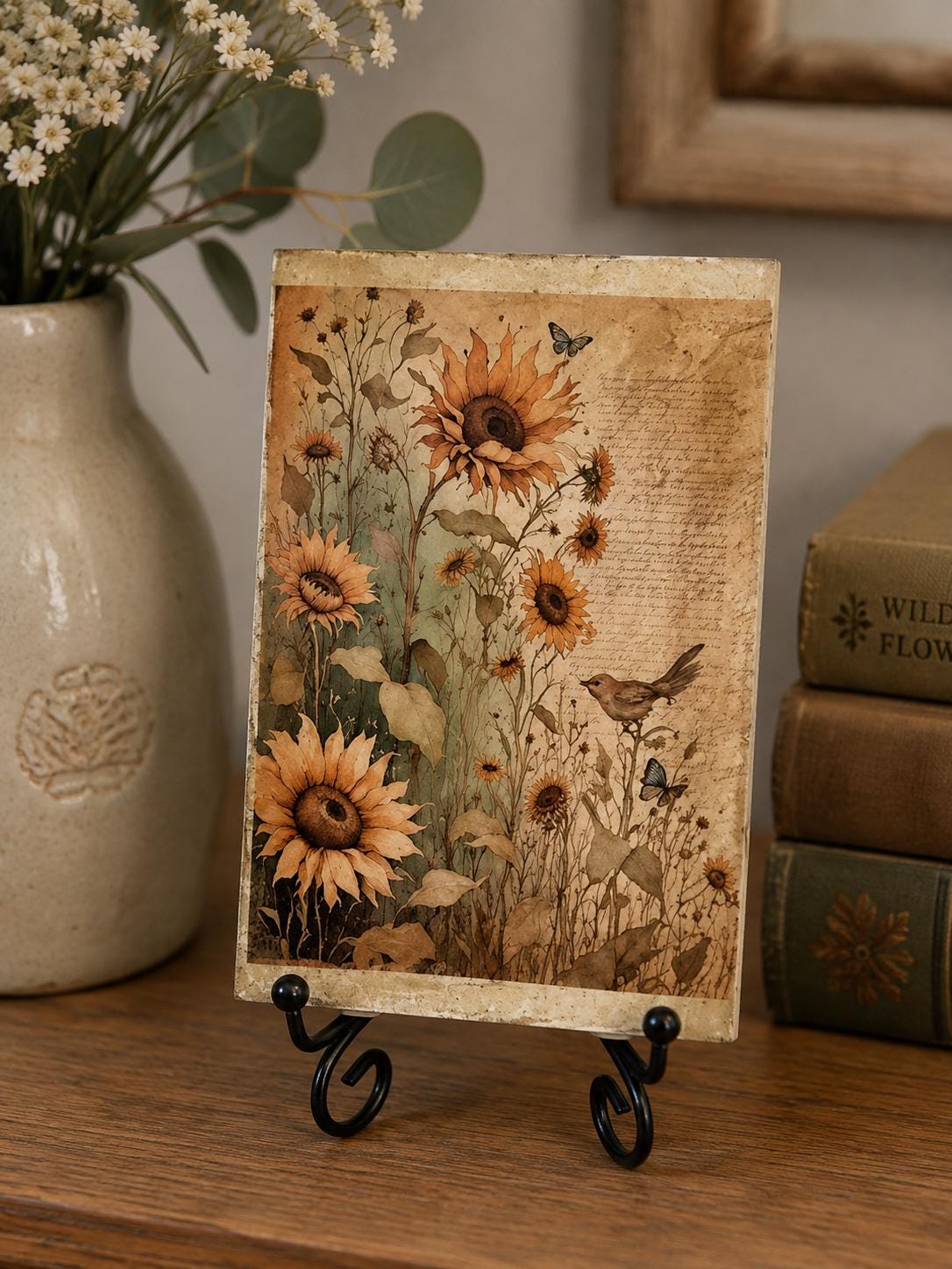 Vintage Sunflower Decor, Botanical Wood Sign, Black Metal Stand, 4 X 6 Inches by Mikela Lindel Home