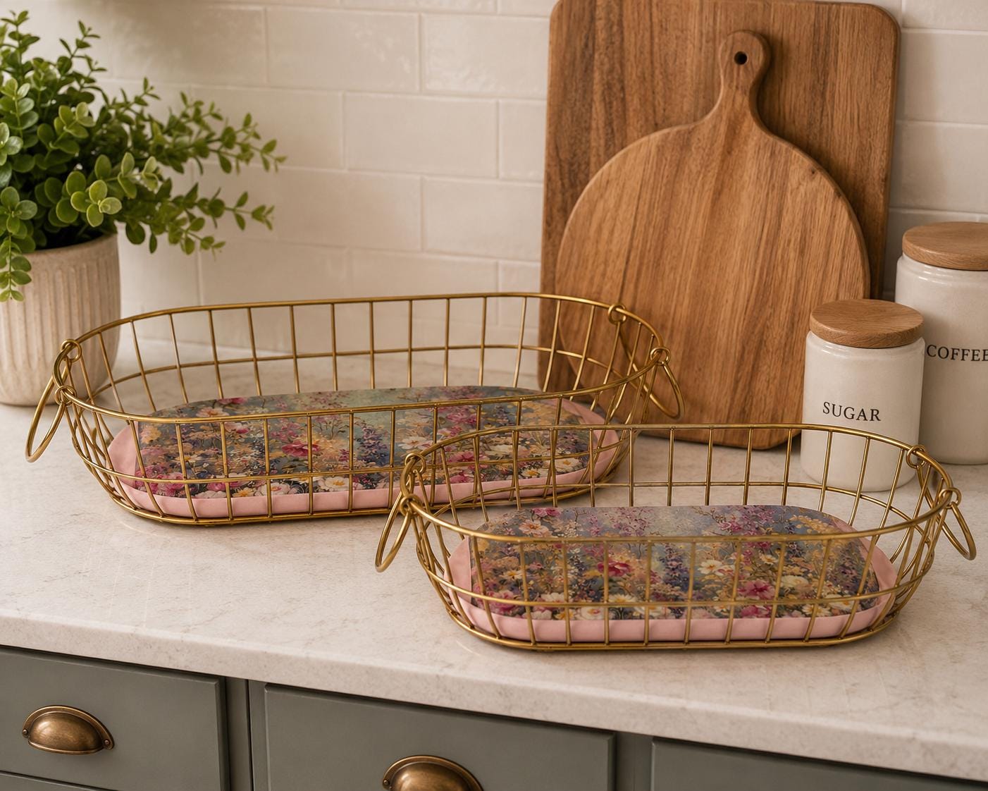 Floral Gold Wire Baskets: 15", 12.75"