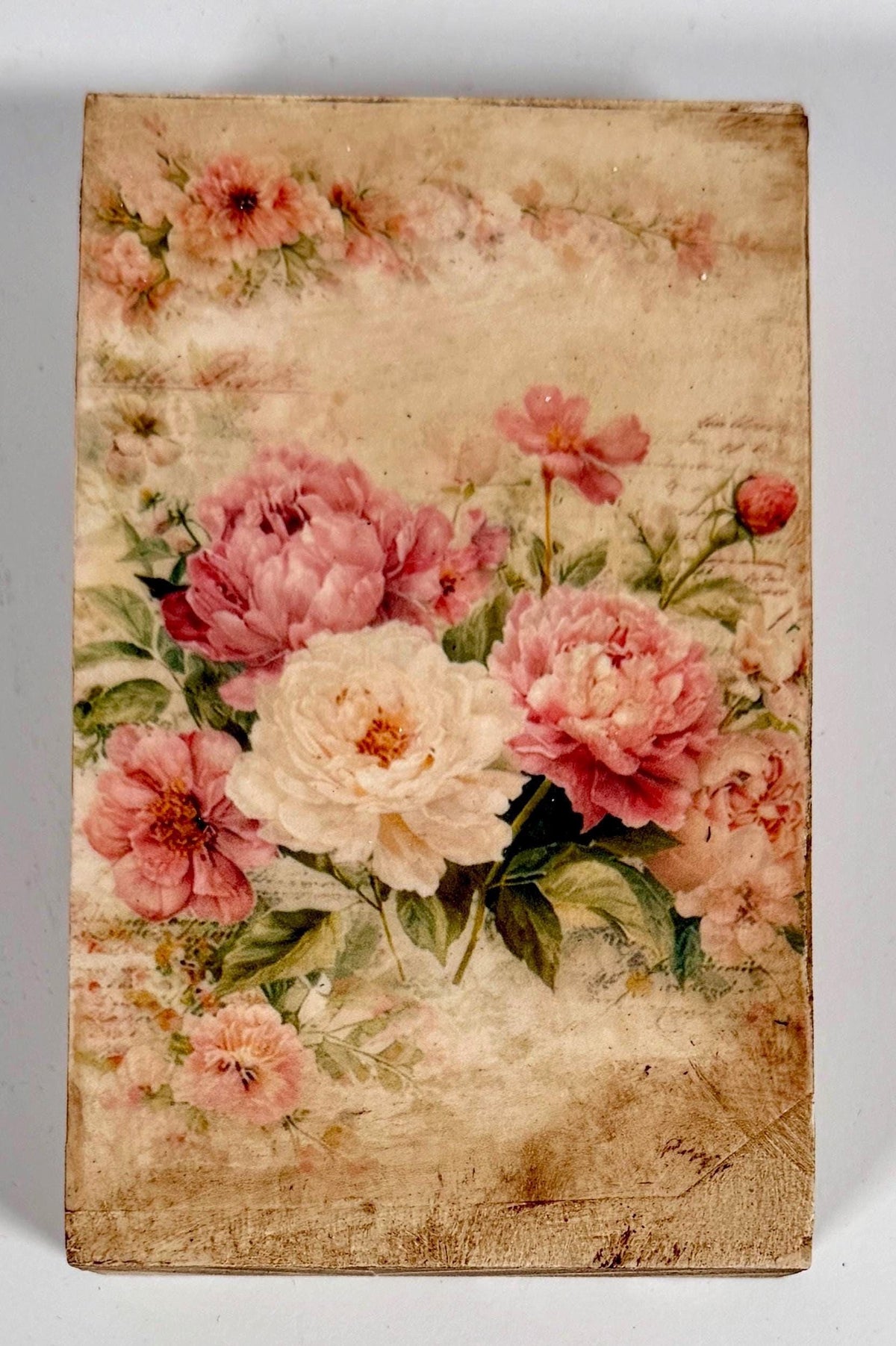 Vintage Floral Wood Block, Antique Pink Peony, 3"x5" Self-Standing by Mikela Lindel Home