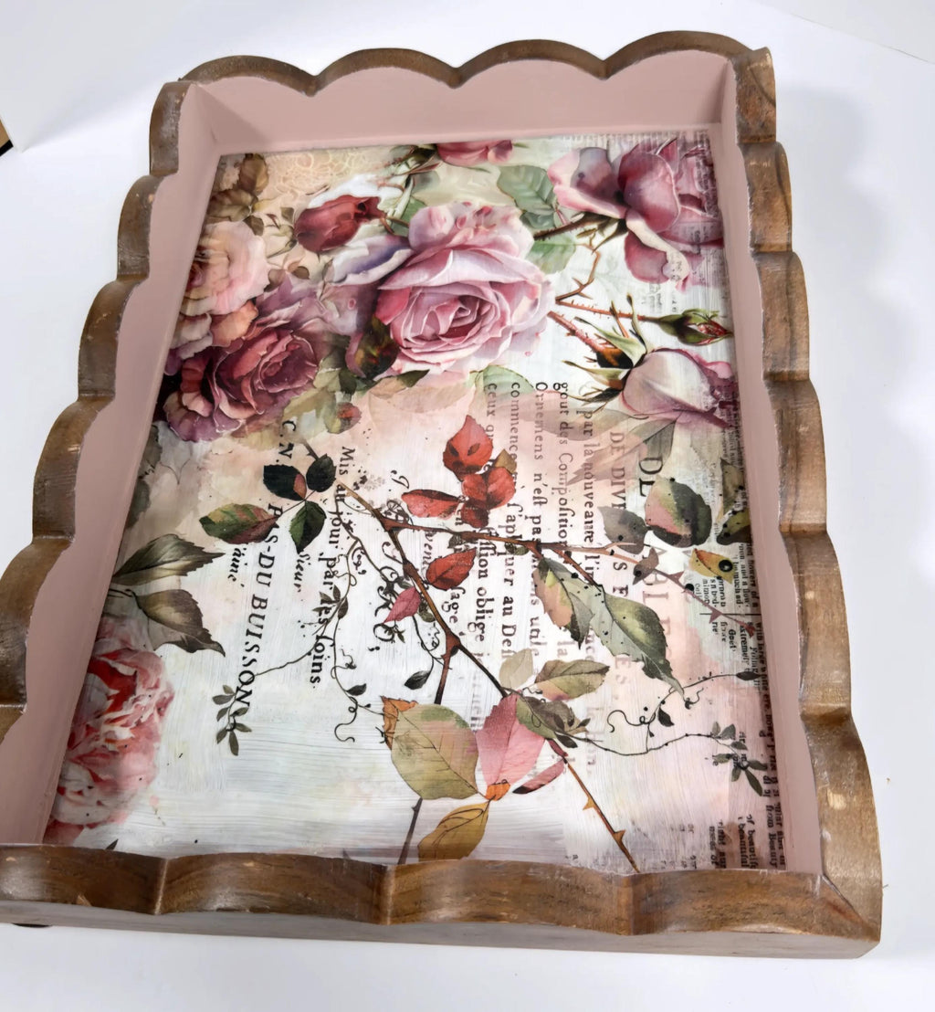 Decorative Floral Tray, Dusty Rose Wood, Wavy Edge 14.25x10.25