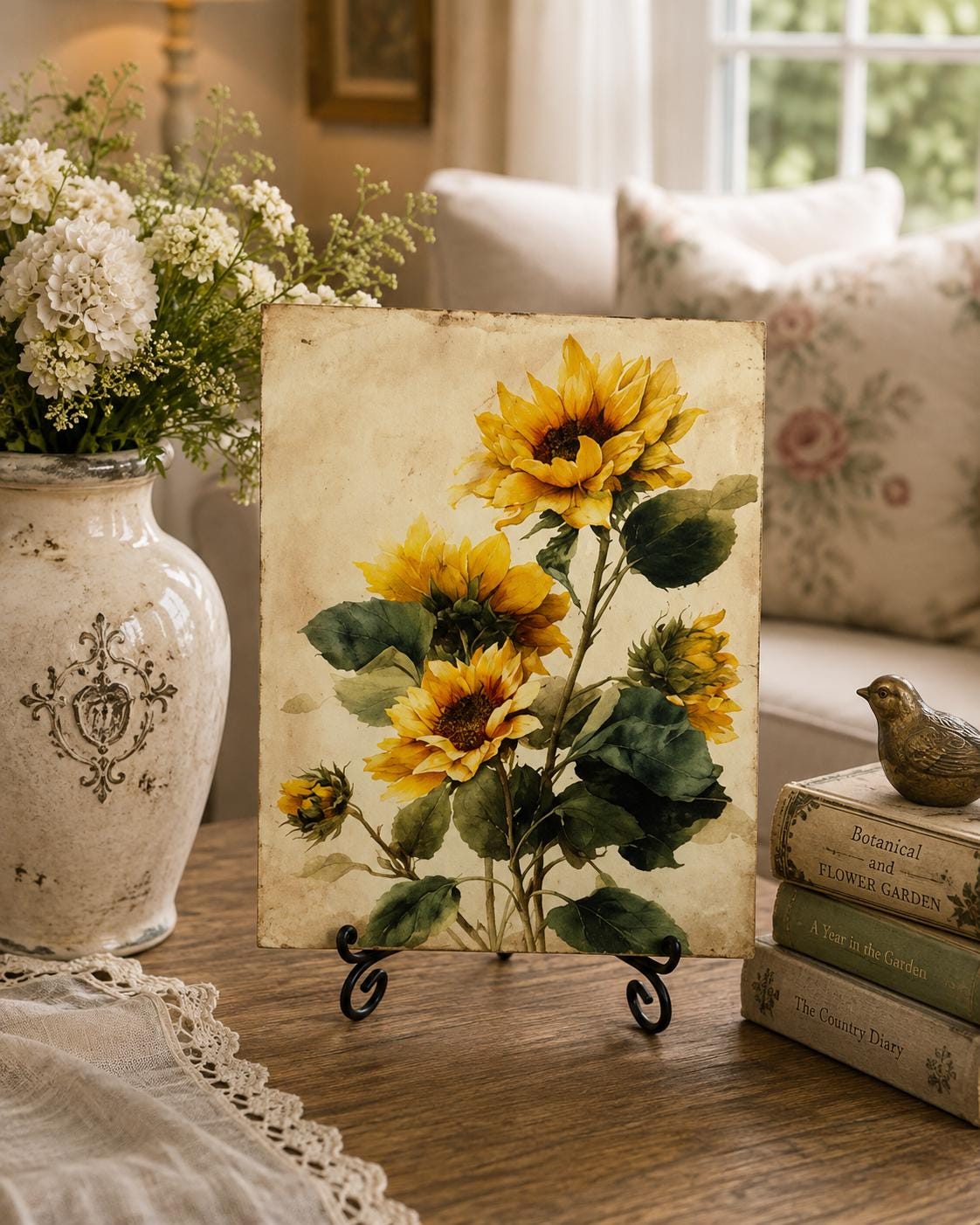 Sunflower Shelf Sitter, Vintage Wood Plaque, 8X10 Inch Decor Art by Mikela Lindel Home