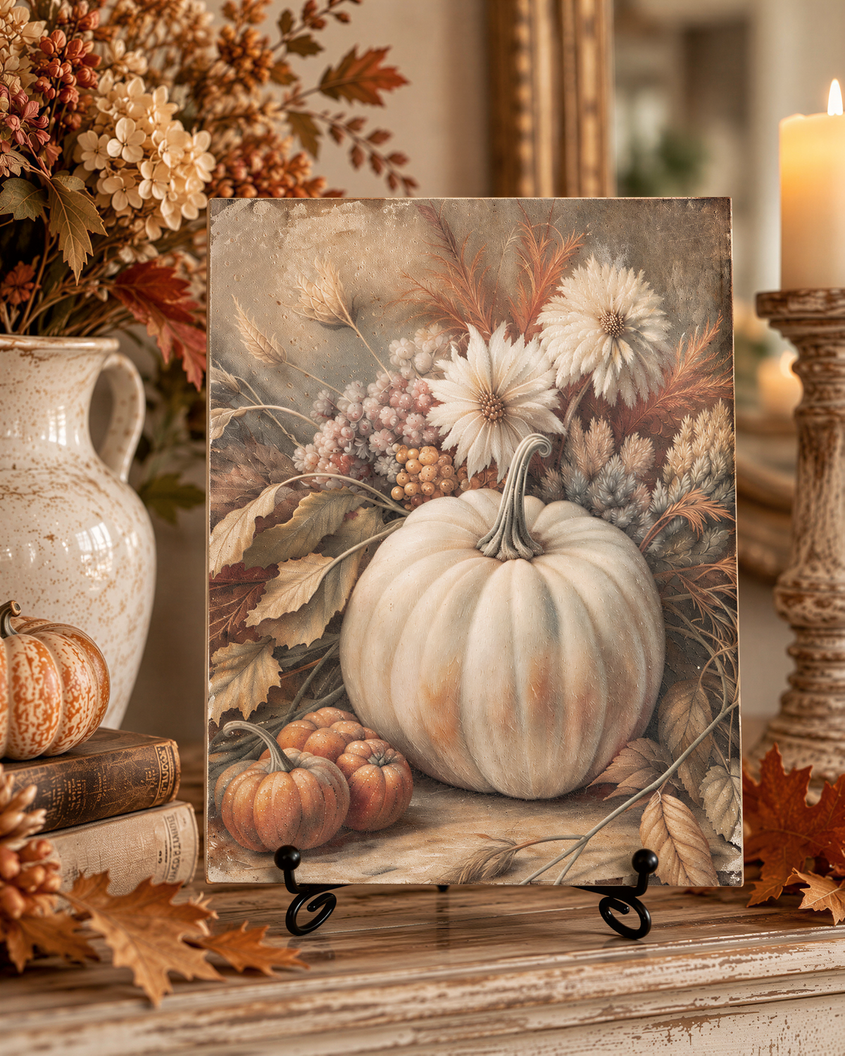 a wooden shelf displaying a framed painting of a white pumpkin surrounded by autumn foliage, a vase of flowers, and a stack of books.