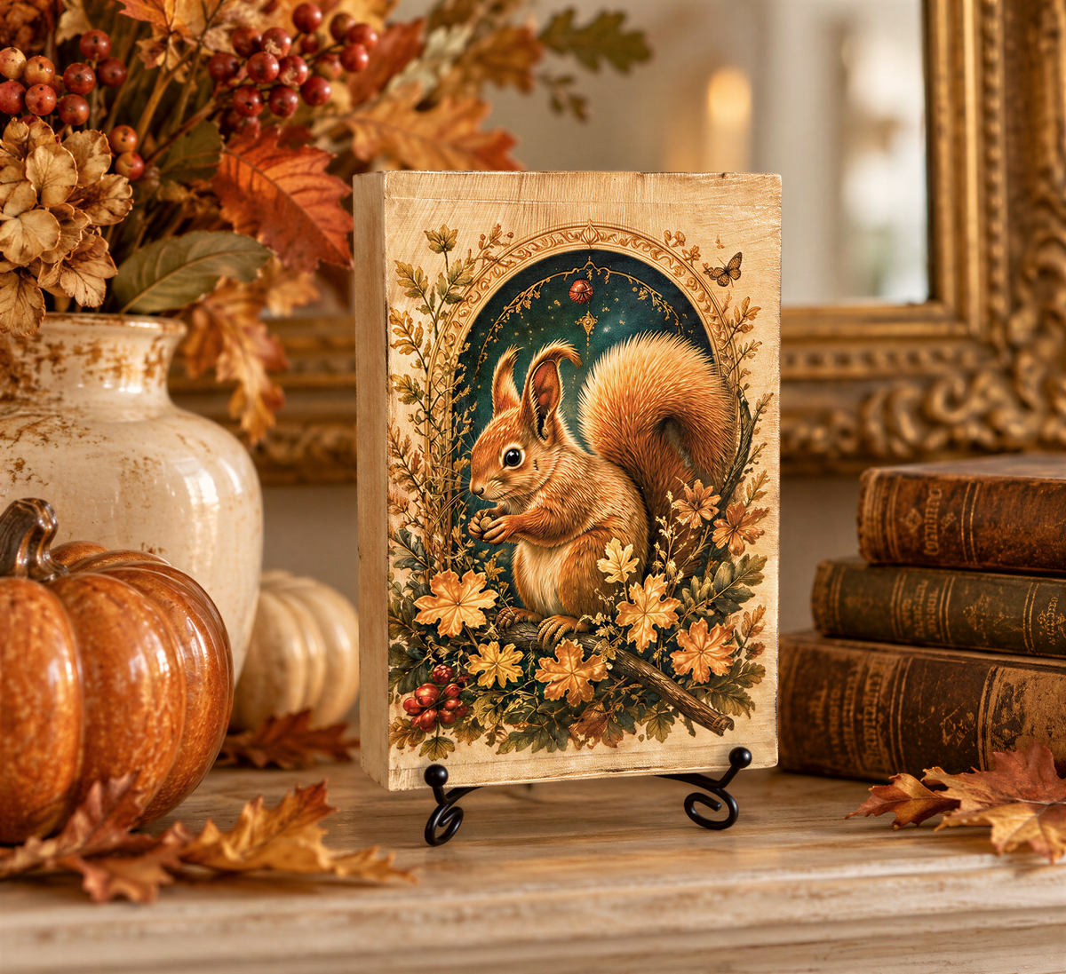 a wooden frame with a painting of a squirrel on a branch, surrounded by autumn leaves and flowers, placed on a wooden surface.
