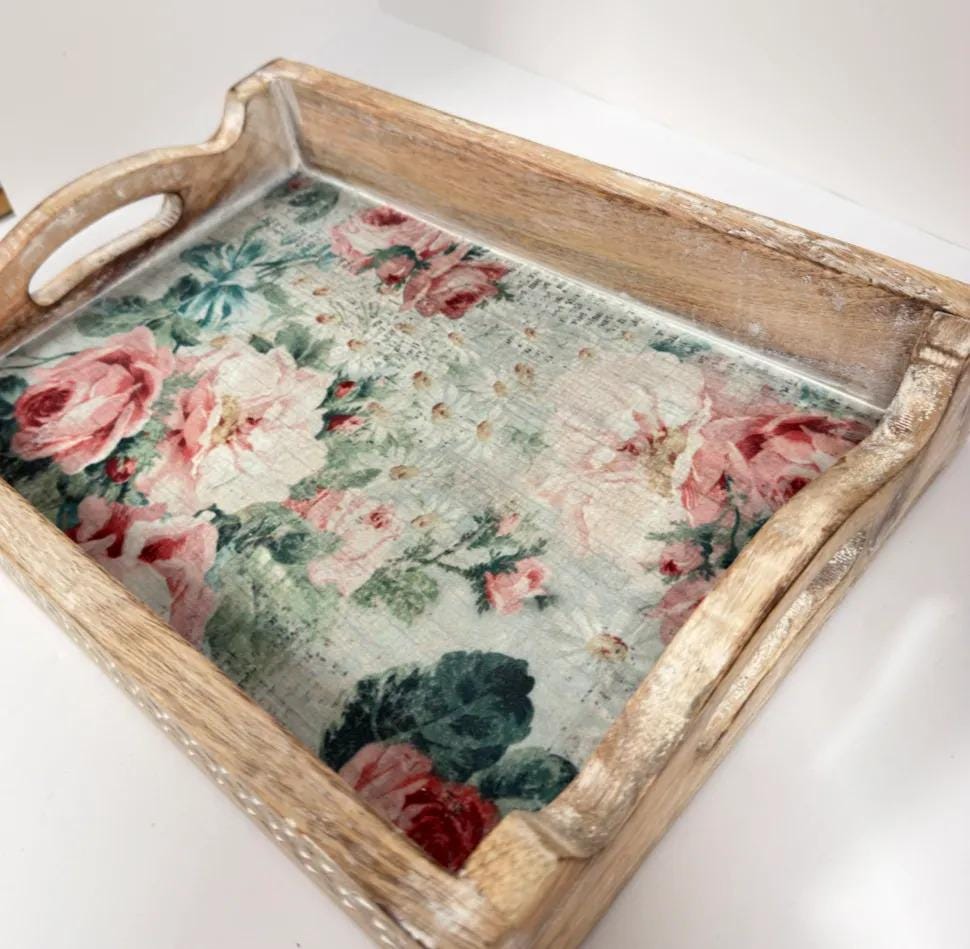 Floral Decorative Wood Tray, White Distressed Finish, 14 X 10 In