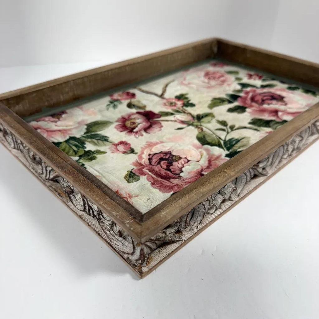 Shabby Chic Serving Tray | Pink Rose Decoupage Wood Tray 16.5x10.75 by Mikela Lindel Home