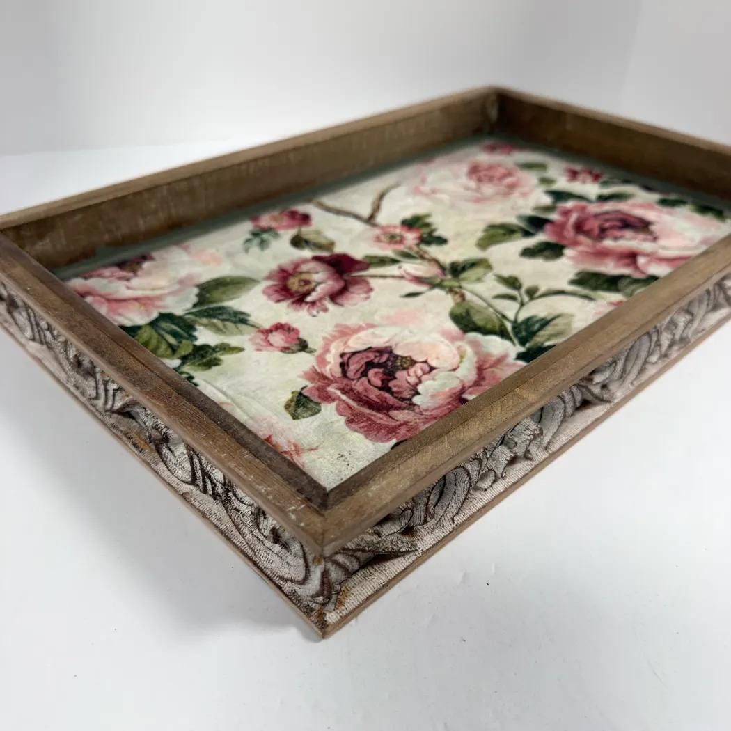 Shabby Chic Serving Tray | Pink Rose Decoupage Wood Tray 16.5x10.75 by Mikela Lindel Home