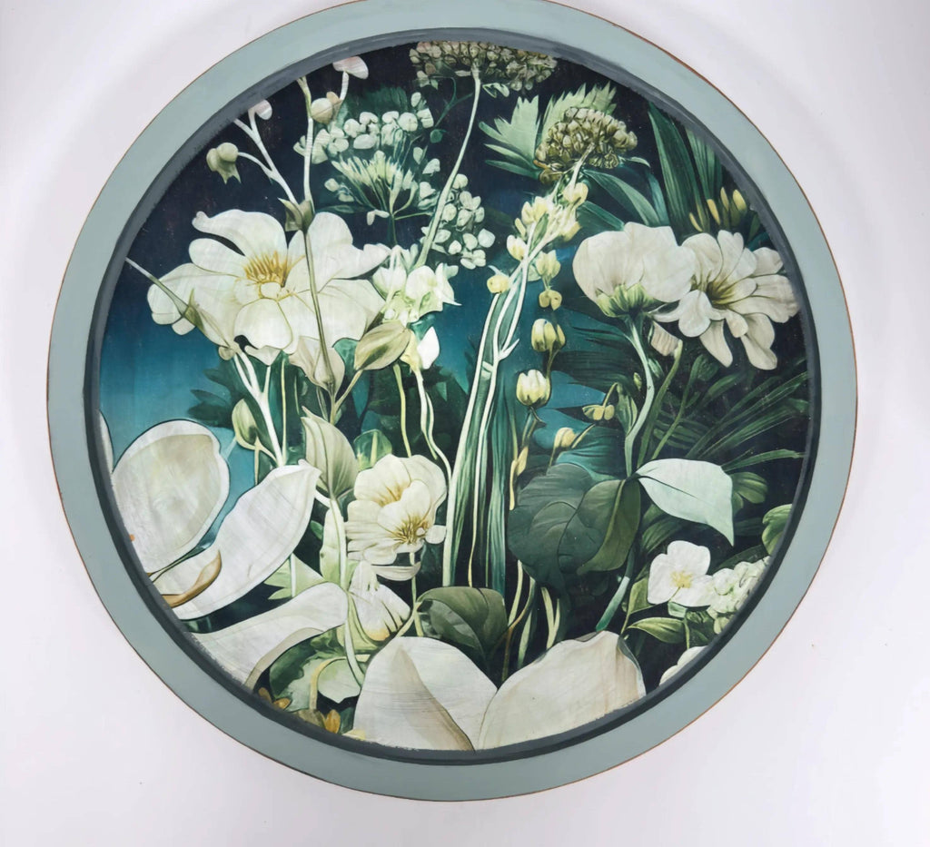 Floral Lazy Susan, Botanical Blue Green Wood Turntable, 14 Inch by Mikela Lindel Home