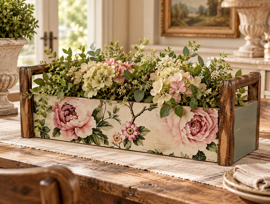 A wooden crate with a floral design, filled with a variety of flowers and greenery, sits on a wooden table.