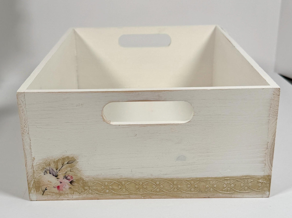 Shabby Chic Wood Crate, Whitewashed Rose Box 14"x9.75x4.75 by Mikela Lindel Home