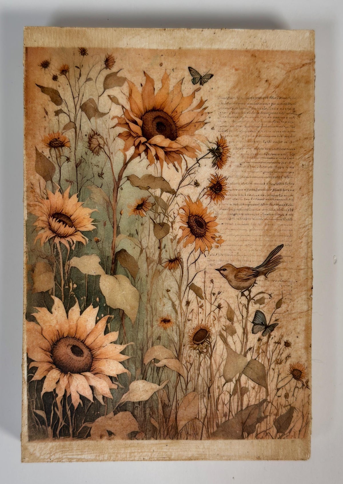 Vintage Sunflower Decor, Botanical Wood Sign, Black Metal Stand, 4 X 6 Inches by Mikela Lindel Home