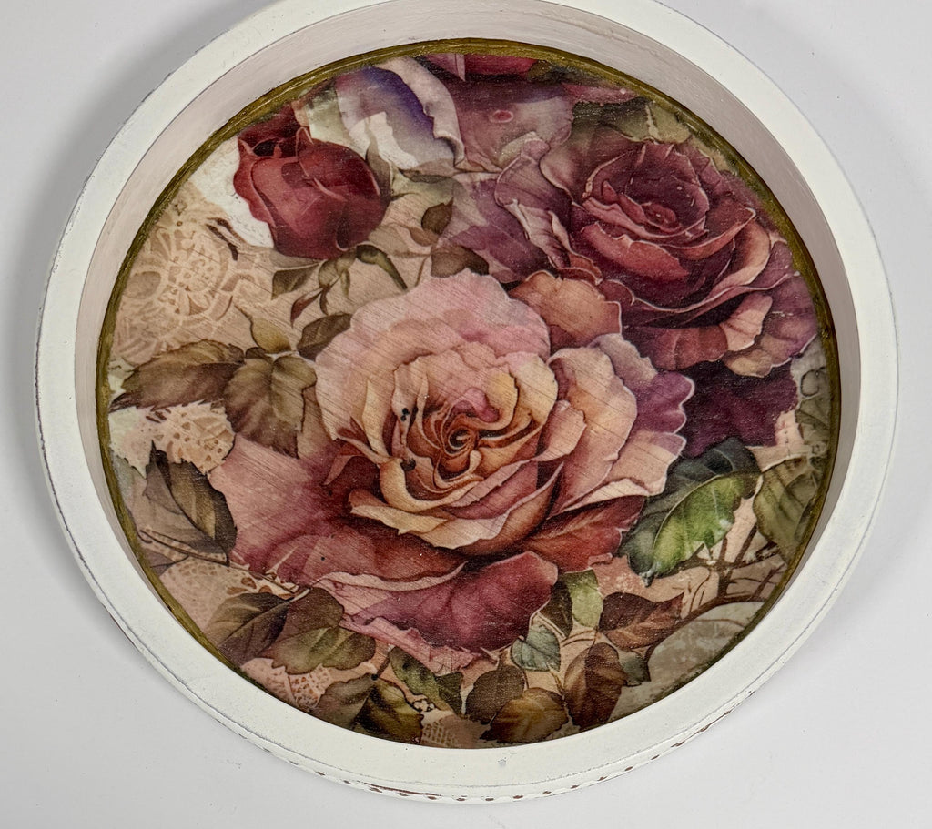 Vintage Floral Tray | Roses, 11.5-Inch Round Decoupage Tray by Mikela Lindel Home