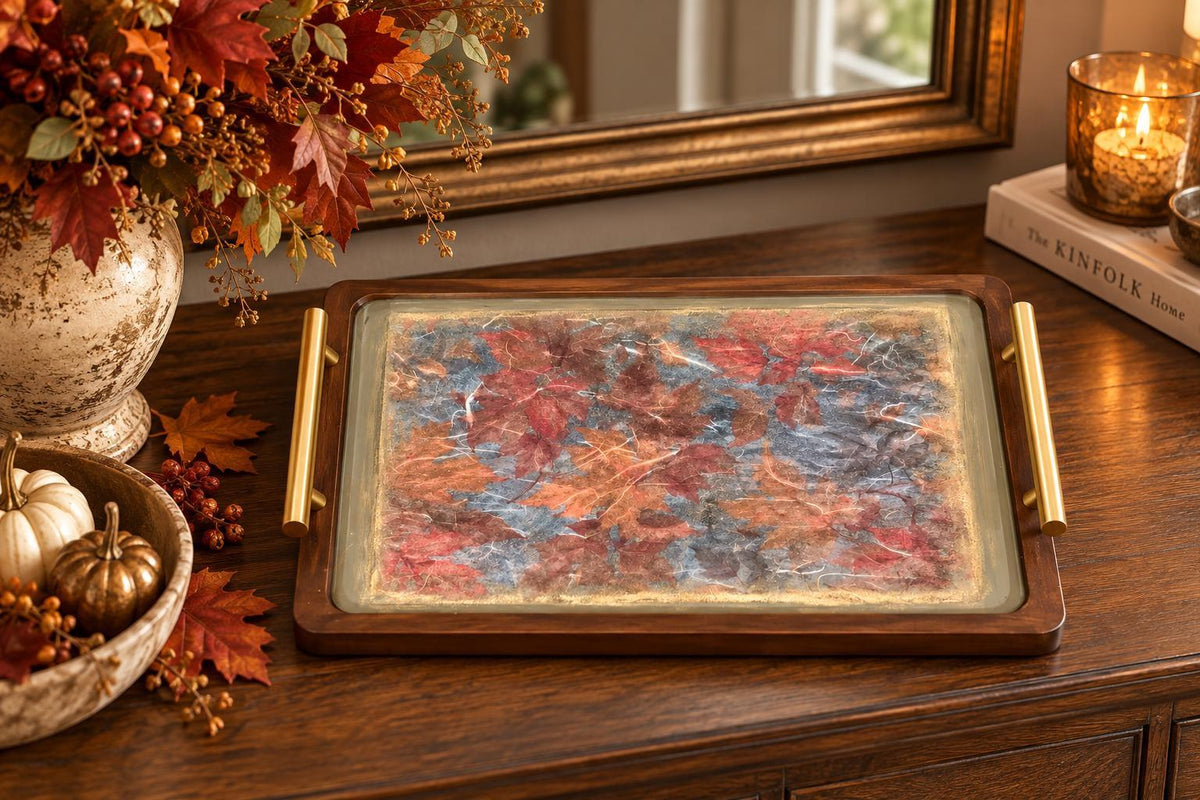 Fall Decorative Tray, Autumn Leaves Wood, Gold Handles, 14"x9.25"