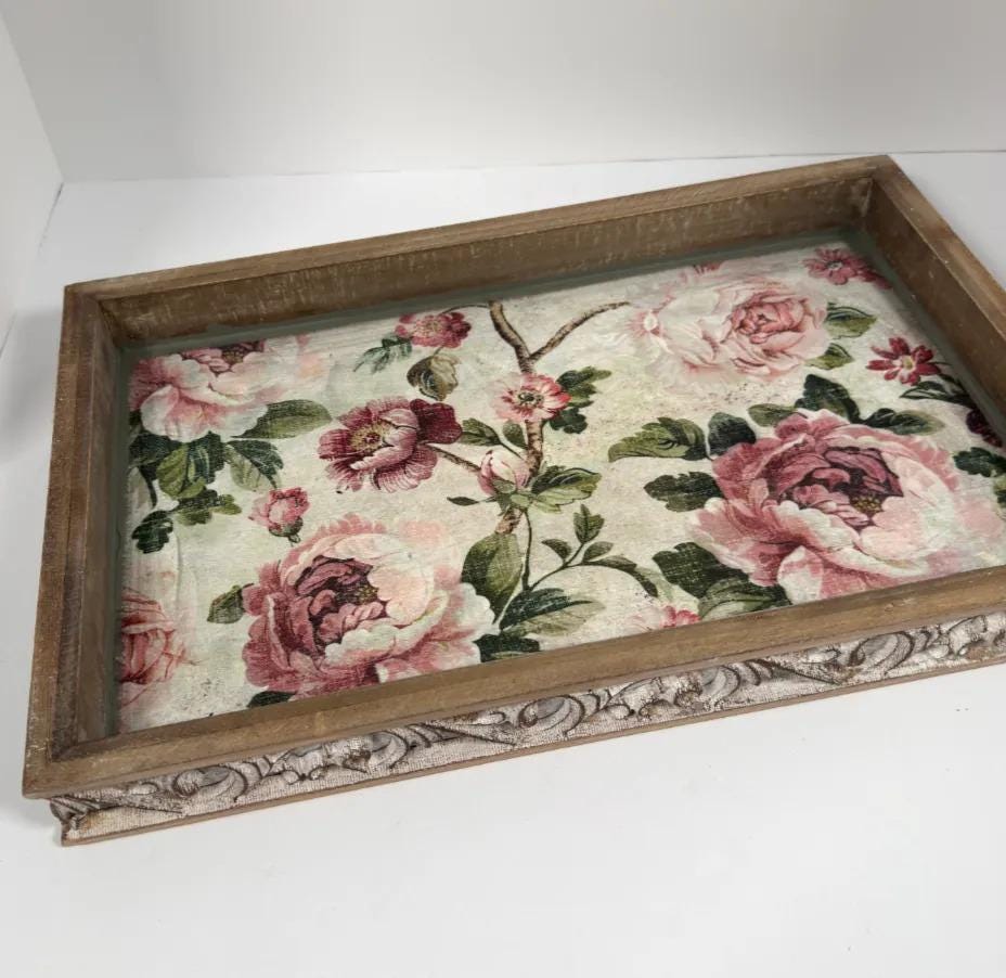 Shabby Chic Serving Tray | Pink Rose Decoupage Wood Tray 16.5x10.75 by Mikela Lindel Home