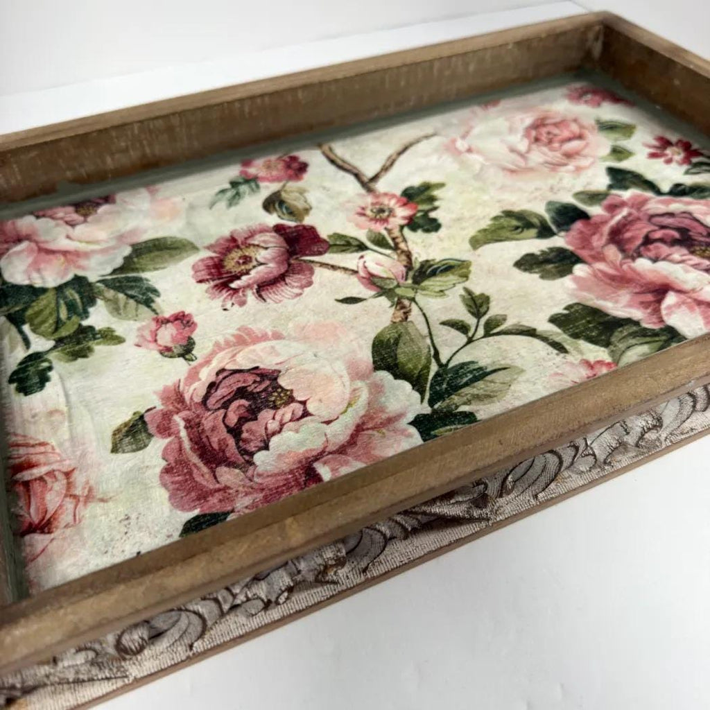 Shabby Chic Serving Tray | Pink Rose Decoupage Wood Tray 16.5x10.75 by Mikela Lindel Home