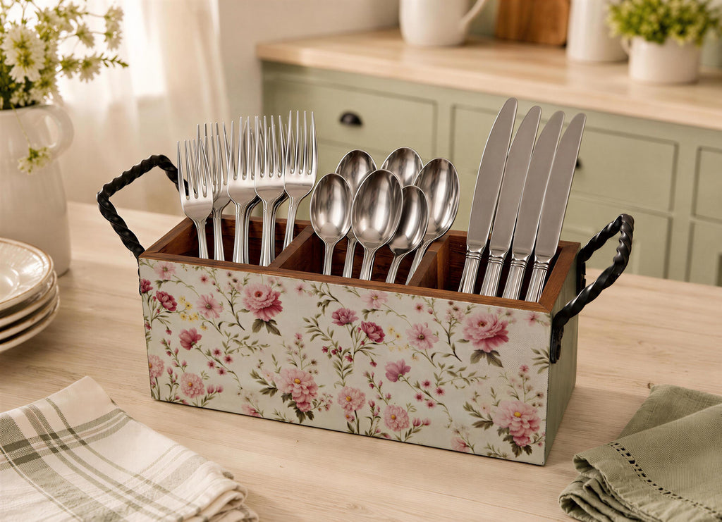 A wooden box with a floral pattern on the front, holding various utensils such as forks, knives, and spoons.