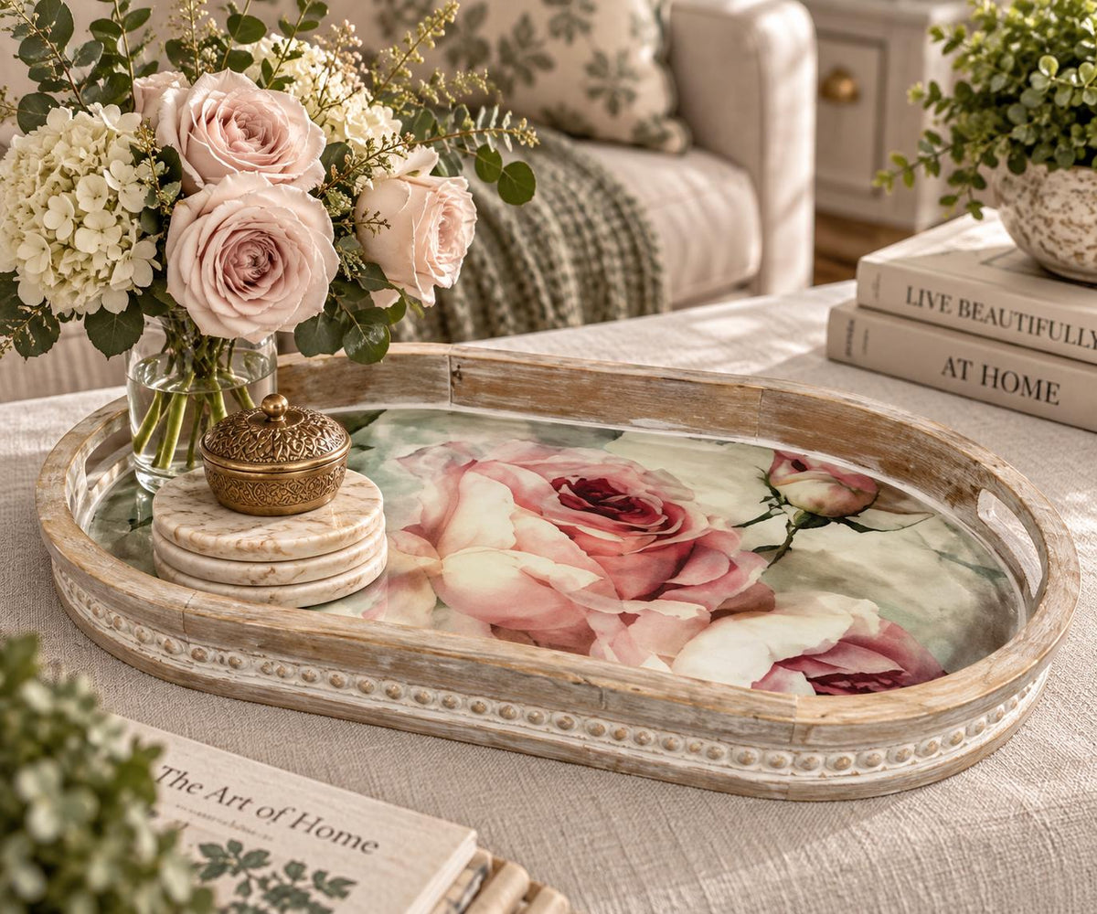 Vintage Rose Wood Tray, Oval Floral Vanity Tray, 16X10 Beaded Decor by Mikela Lindel Home