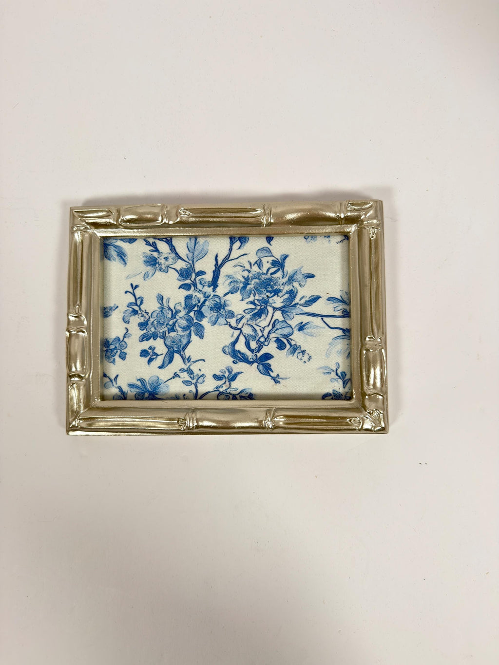 Blue Floral Vanity Tray, Silver Bamboo Frame, Jewelry Tray, 5 X 7 In