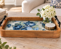 Blue Rose Wood Tray, 16 x 10 Inches Decorative Tray, Iron Handles