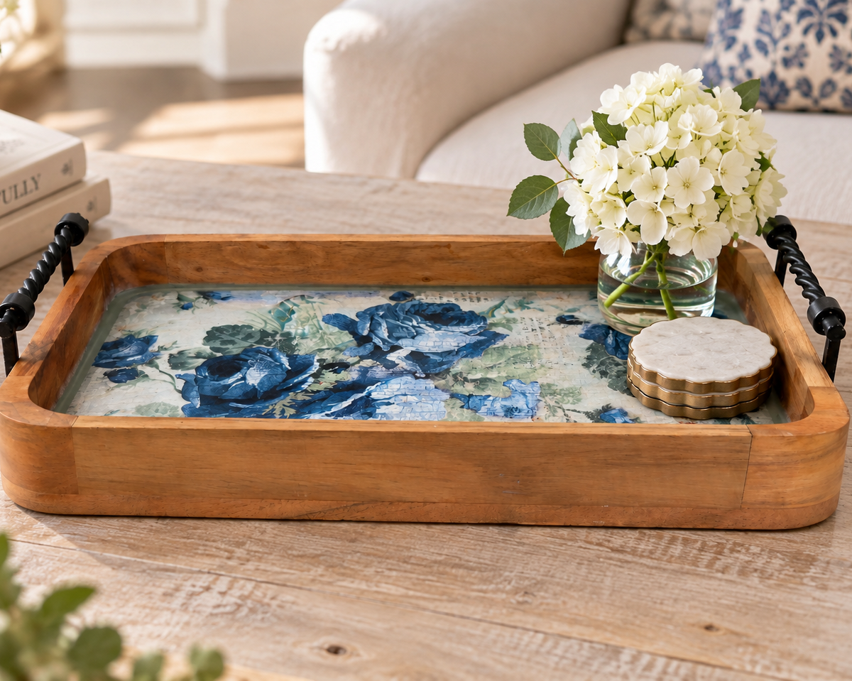 Blue Rose Wood Tray, 16 x 10 Inches Decorative Tray, Iron Handles