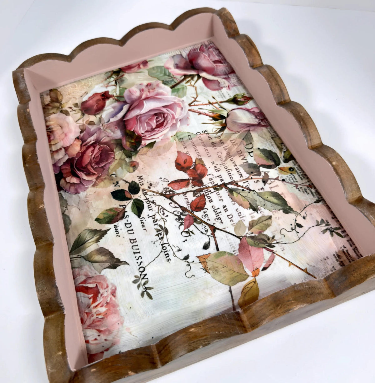 Decorative Floral Tray, Dusty Rose Wood, Wavy Edge 14.25x10.25