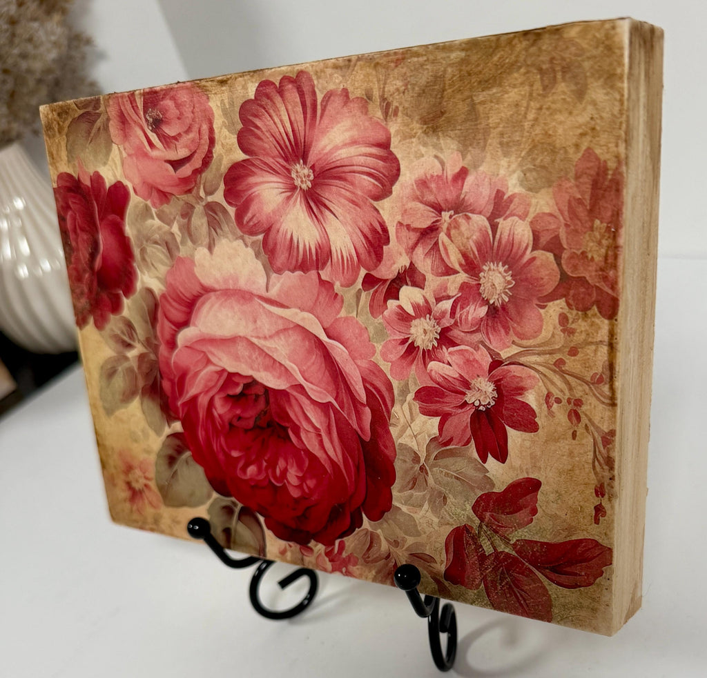 Vintage Rose Wood Plaque | Antique Red Roses, 7" X 5" Wall Decor by Mikela Lindel Home
