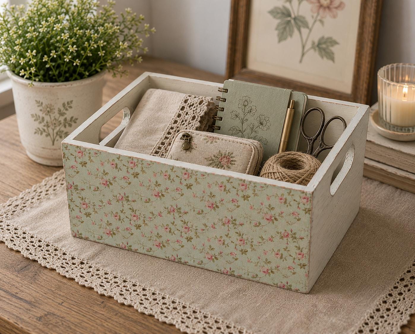 Whitewashed Light Green Floral Box: 8.5"x6.25"x4"