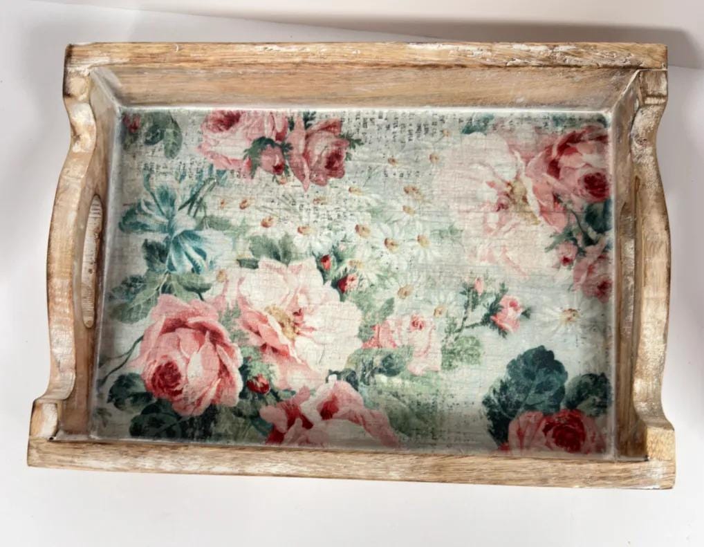 Floral Decorative Wood Tray, White Distressed Finish, 14 X 10 In