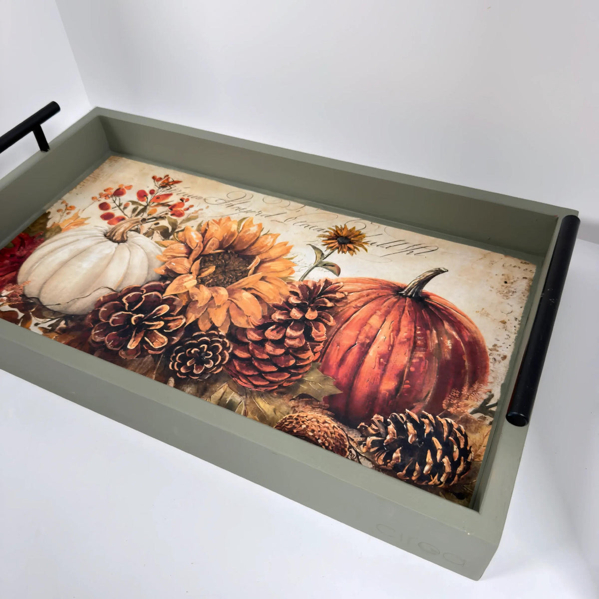 Fall Decorative Wood Tray, Pumpkin Sunflower Decoupage, Thicket Green by Mikela Lindel Home
