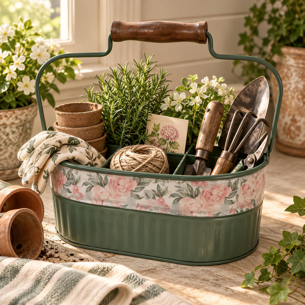 A green metal toolbox filled with gardening tools, plants, and other items, placed on a wooden surface near a window.