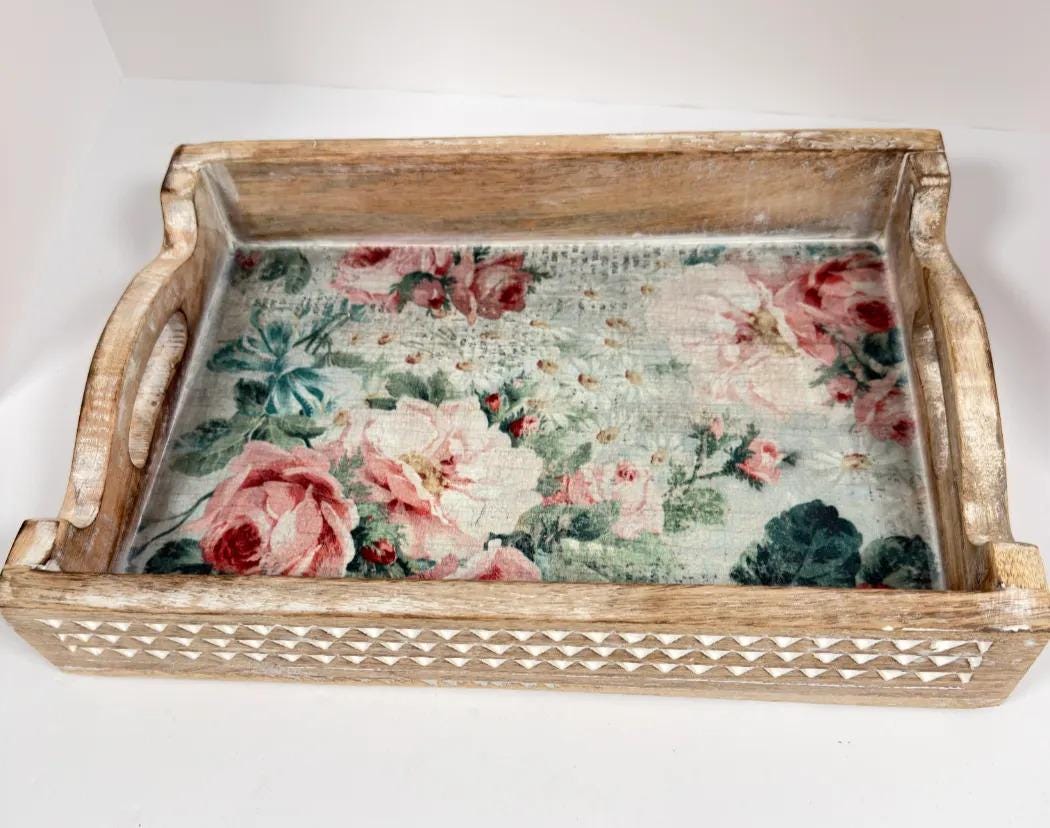 Floral Decorative Wood Tray, White Distressed Finish, 14 X 10 In