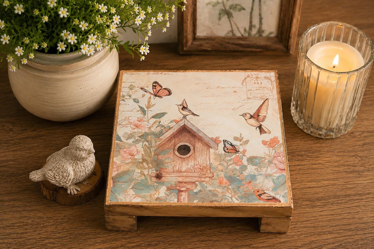 Birdhouse & Butterflies Riser Pedestal: 8"x8"