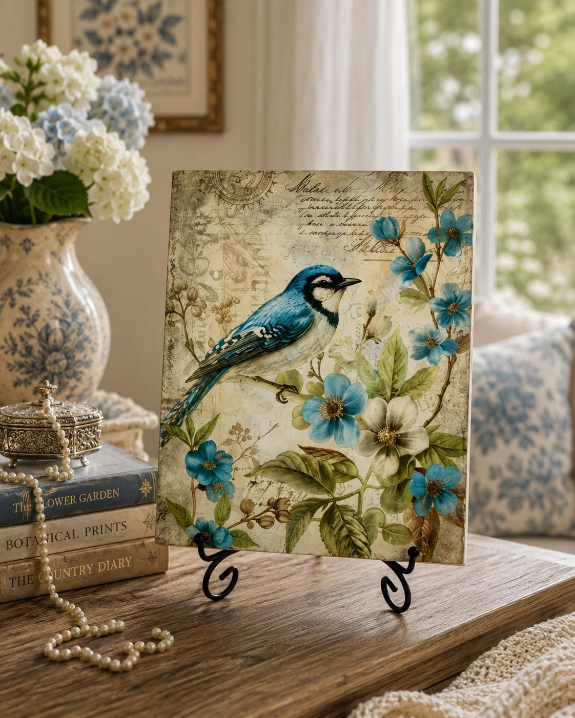 Blue Bird Decor | Wood Shelf Sitter - Botanical Cottagecore Plaque | Metal Stand | 8X10 by Mikela Lindel Home