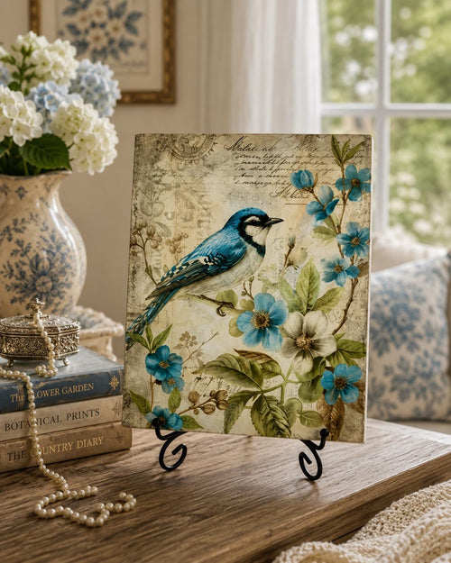 Blue Bird Decor | Wood Shelf Sitter - Botanical Cottagecore Plaque | Metal Stand | 8X10 by Mikela Lindel Home